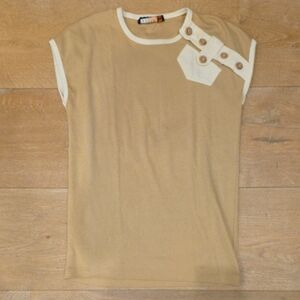 Chesa Boutique Tan Short Sleeve Top with Cream Pocket and Button Detail Size S/M